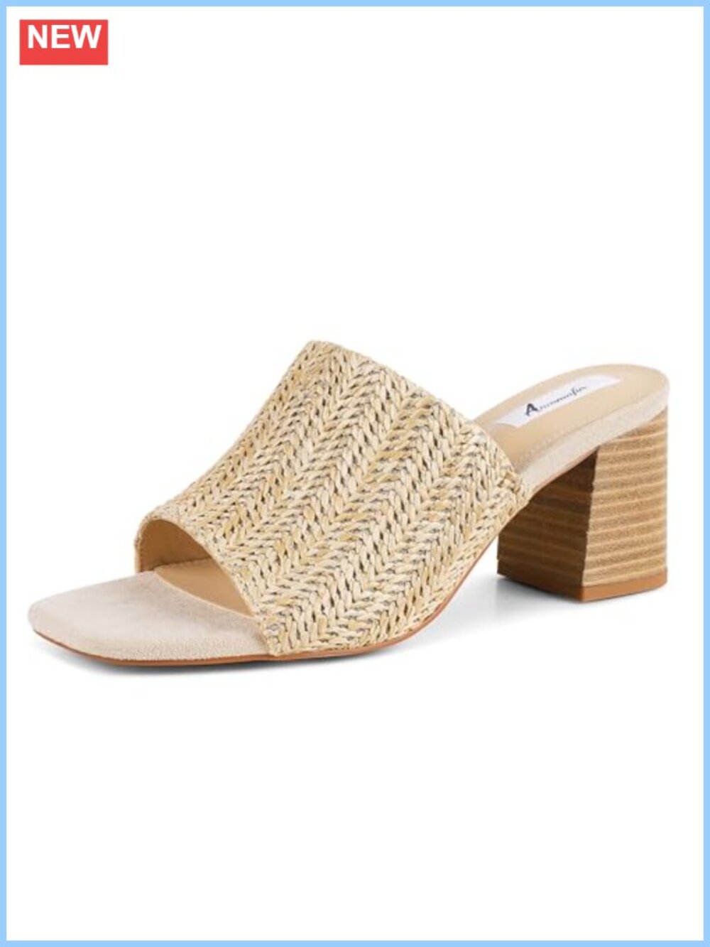 Women's Heeled Raffia Sandals Chunky Heels Square Toe Block Summer Mules Slip On